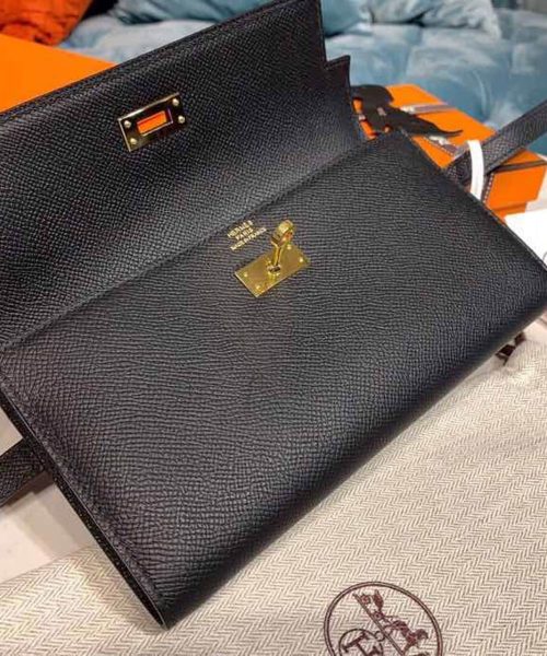 1:1 Replica Hermes Kelly Wallet To Go Woc Black With Gold Toned Hardware Bag For Women 8.2in/21cm