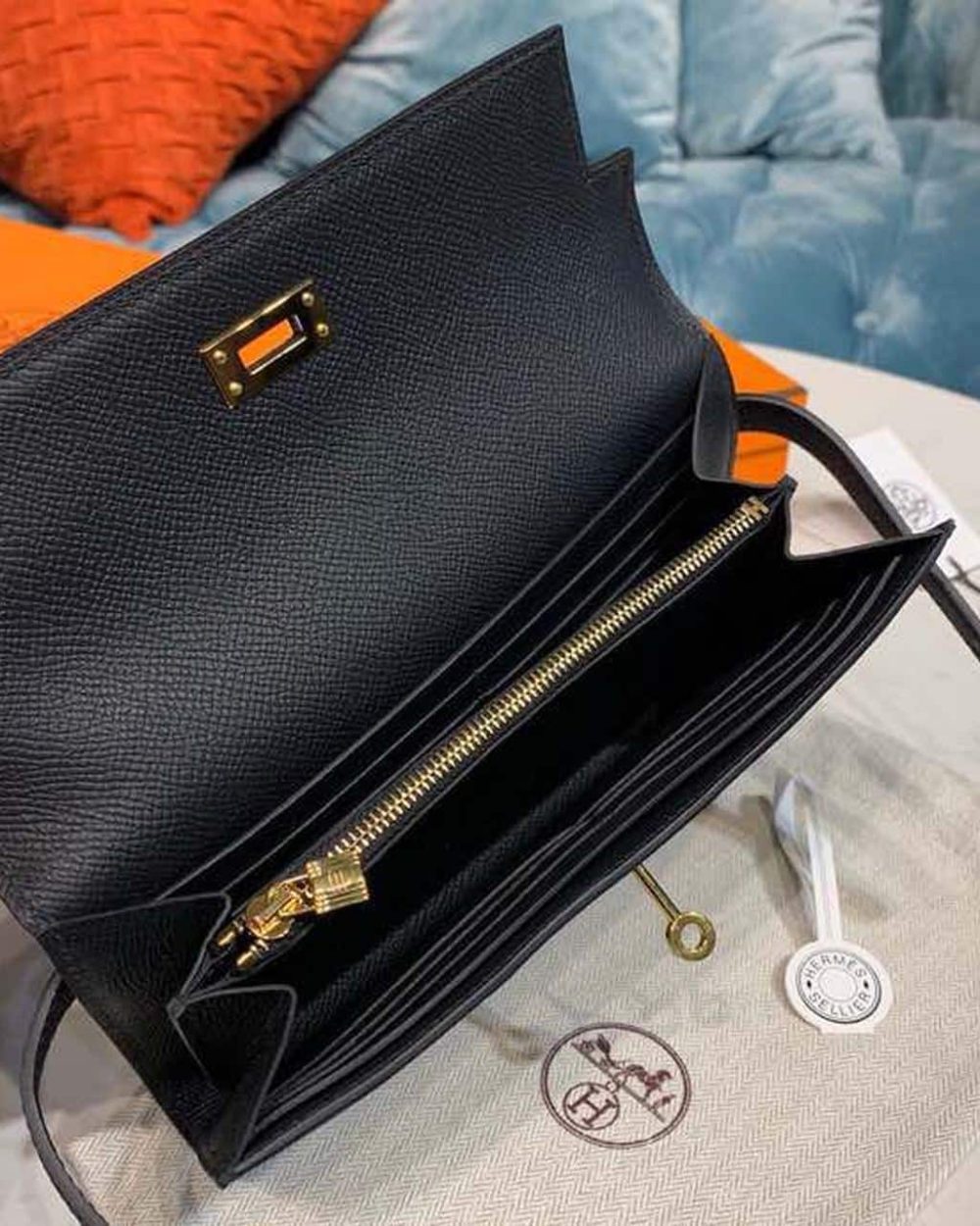 1:1 Replica Hermes Kelly Wallet To Go Woc Black With Gold Toned Hardware Bag For Women 8.2in/21cm