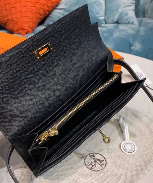 1:1 Replica Hermes Kelly Wallet To Go Woc Black With Gold Toned Hardware Bag For Women 8.2in/21cm