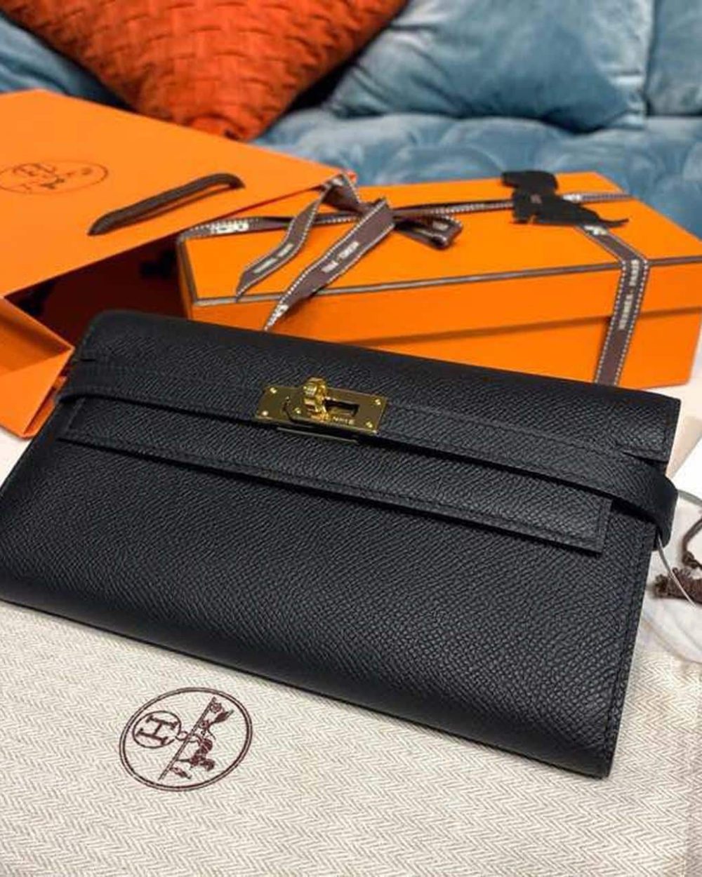 1:1 Replica Hermes Kelly Wallet To Go Woc Black With Gold Toned Hardware Bag For Women 8.2in/21cm