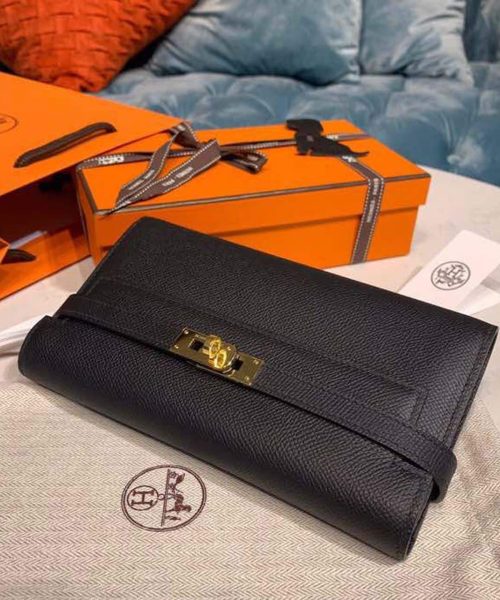 1:1 Replica Hermes Kelly Wallet To Go Woc Black With Gold Toned Hardware Bag For Women 8.2in/21cm