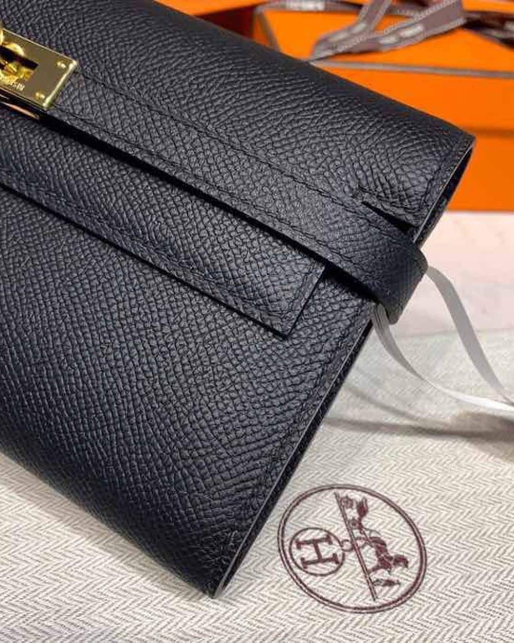 1:1 Replica Hermes Kelly Wallet To Go Woc Black With Gold Toned Hardware Bag For Women 8.2in/21cm