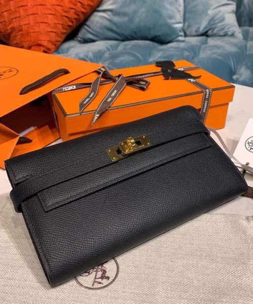 1:1 Replica Hermes Kelly Wallet To Go Woc Black With Gold Toned Hardware Bag For Women 8.2in/21cm