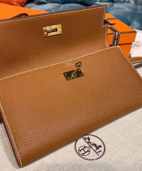 1:1 Replica Hermes Kelly Wallet To Go Woc Brown With Gold Toned Hardware Bag For Women 8.2in/21cm