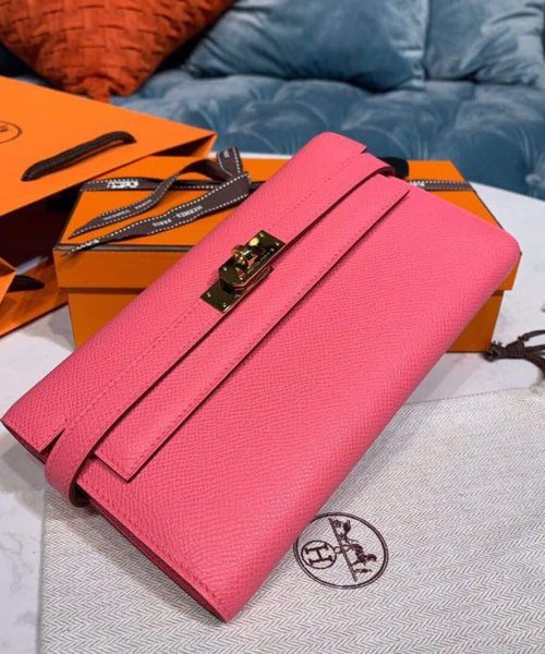 1:1 Replica Hermes Kelly Wallet To Go Woc Pink With Gold Toned Hardware Bag For Women 8.2in/21cm