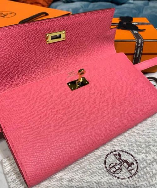 1:1 Replica Hermes Kelly Wallet To Go Woc Pink With Gold Toned Hardware Bag For Women 8.2in/21cm