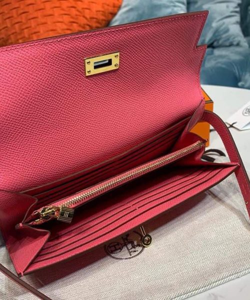 1:1 Replica Hermes Kelly Wallet To Go Woc Pink With Gold Toned Hardware Bag For Women 8.2in/21cm
