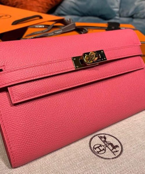 1:1 Replica Hermes Kelly Wallet To Go Woc Pink With Gold Toned Hardware Bag For Women 8.2in/21cm
