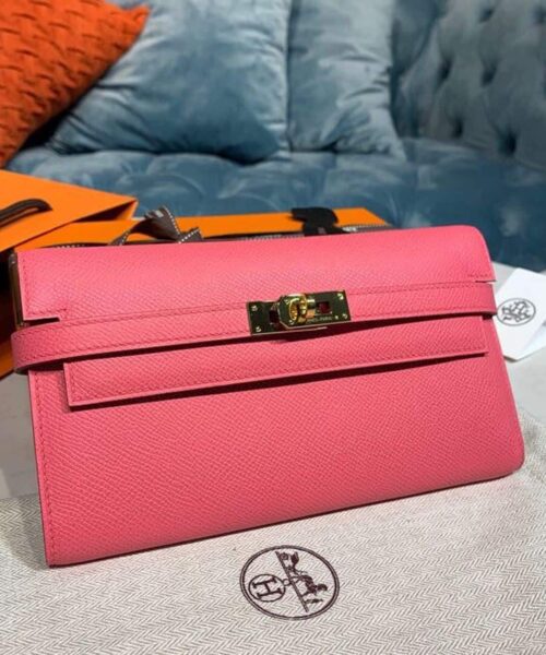 1:1 Replica Hermes Kelly Wallet To Go Woc Pink With Gold Toned Hardware Bag For Women 8.2in/21cm