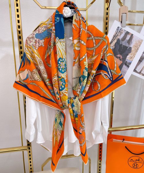 Hermes Le Sacre des Saisons Potiron/Bleu Gris/Jaune Soleil Scarf 140cm/55in H003903S 21 