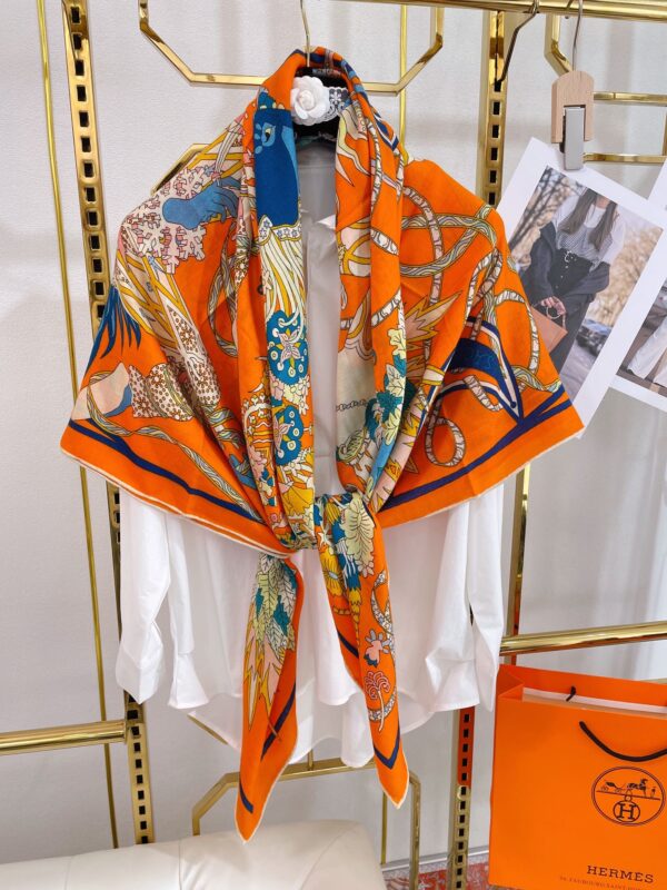 Hermes Le Sacre des Saisons Potiron/Bleu Gris/Jaune Soleil Scarf 140cm/55in H003903S 21 
