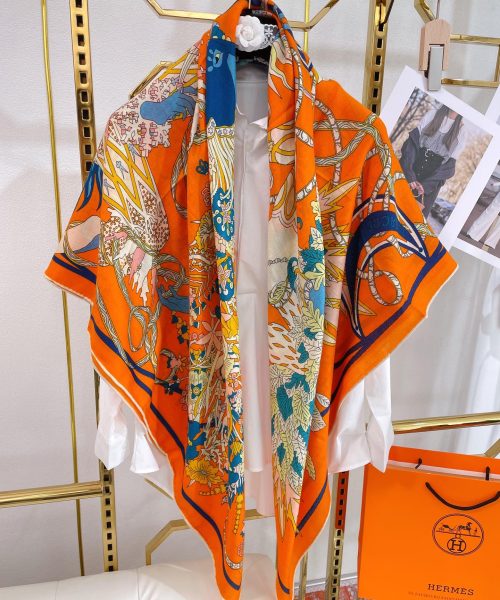 Hermes Le Sacre des Saisons Potiron/Bleu Gris/Jaune Soleil Scarf 140cm/55in H003903S 21 