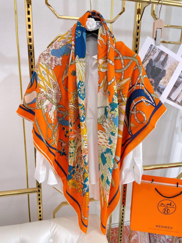 Hermes Le Sacre des Saisons Potiron/Bleu Gris/Jaune Soleil Scarf 140cm/55in H003903S 21 