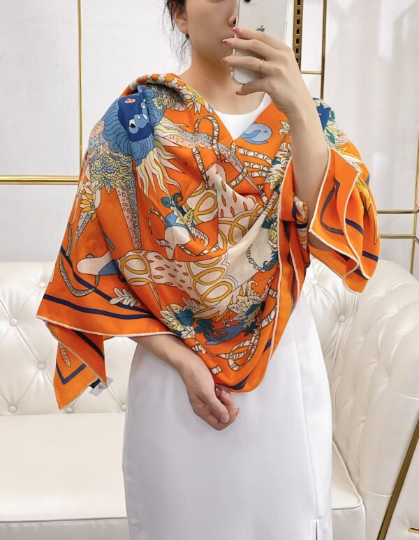 Hermes Le Sacre des Saisons Potiron/Bleu Gris/Jaune Soleil Scarf 140cm/55in H003903S 21