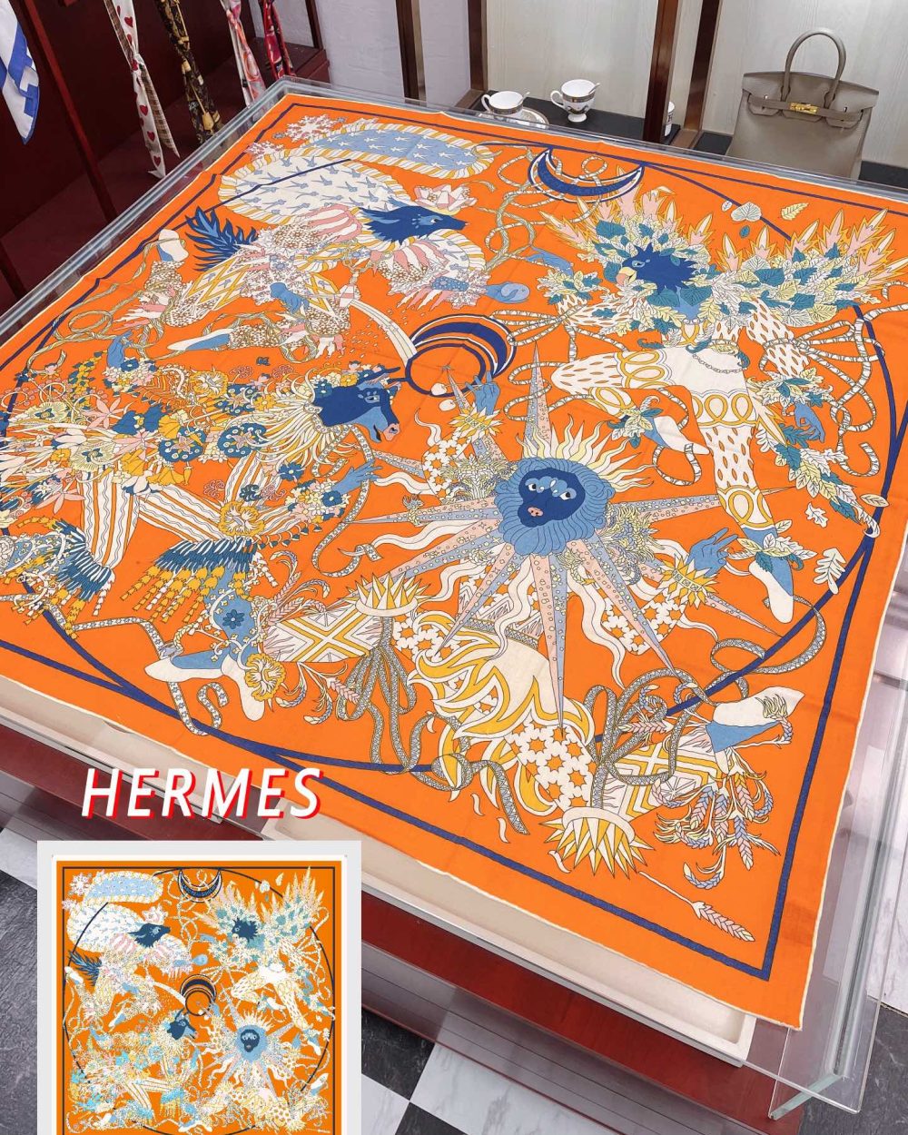 Hermes Le Sacre des Saisons Potiron/Bleu Gris/Jaune Soleil Scarf 140cm/55in H003903S 21
