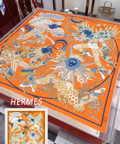 Hermes Le Sacre des Saisons Potiron/Bleu Gris/Jaune Soleil Scarf 140cm/55in H003903S 21 