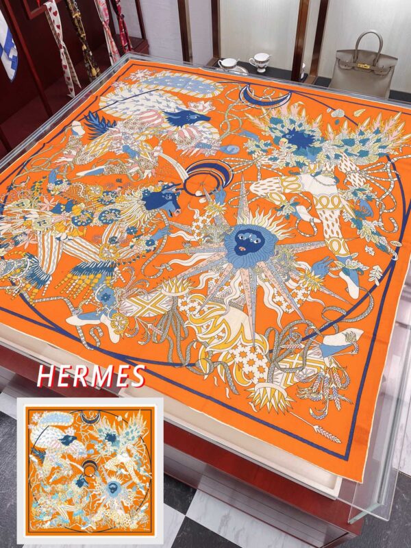 Hermes Le Sacre des Saisons Potiron/Bleu Gris/Jaune Soleil Scarf 140cm/55in H003903S 21 