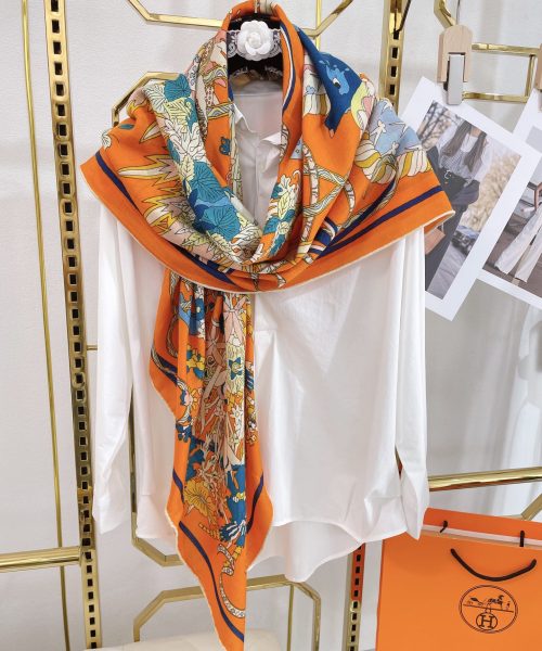 Hermes Le Sacre des Saisons Potiron/Bleu Gris/Jaune Soleil Scarf 140cm/55in H003903S 21 