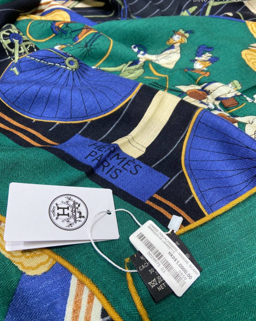 Hermes Les Becanes 70 Silk Blue/Dark Blue/Green Royal Scarf 140cm/55in