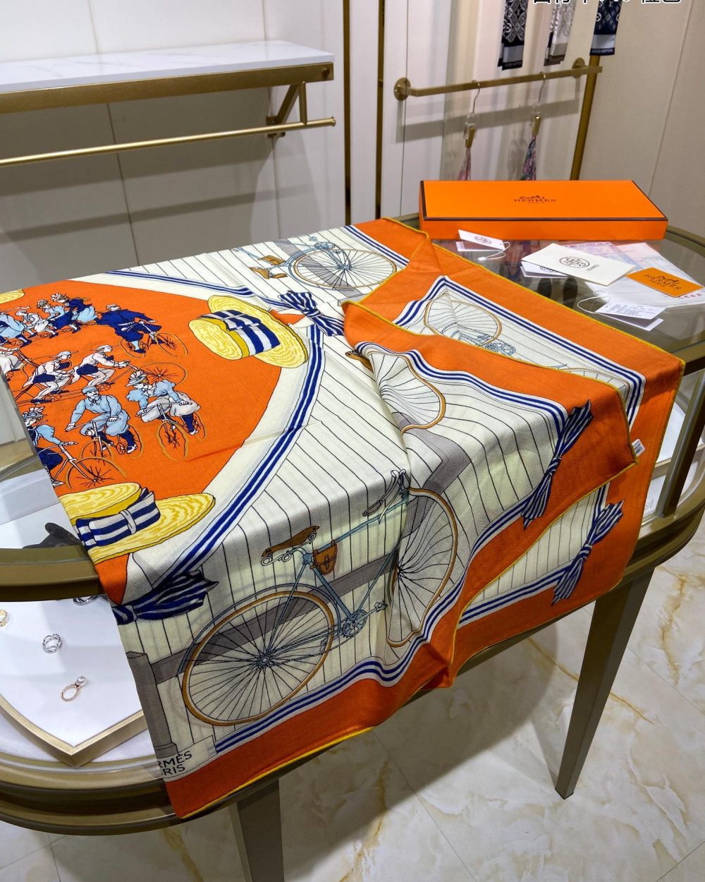 Hermes Les Becanes 70 Silk Orange/Blanc/Bleu Royal Scarf 140cm/55in