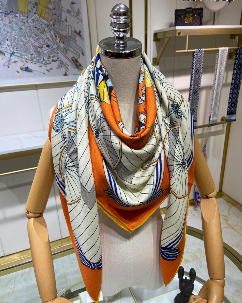 Hermes Les Becanes 70 Silk Orange/Blanc/Bleu Royal Scarf 140cm/55in