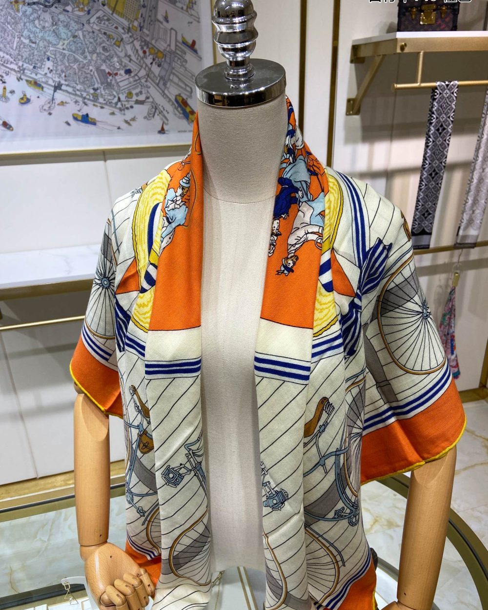 Hermes Les Becanes 70 Silk Orange/Blanc/Bleu Royal Scarf 140cm/55in