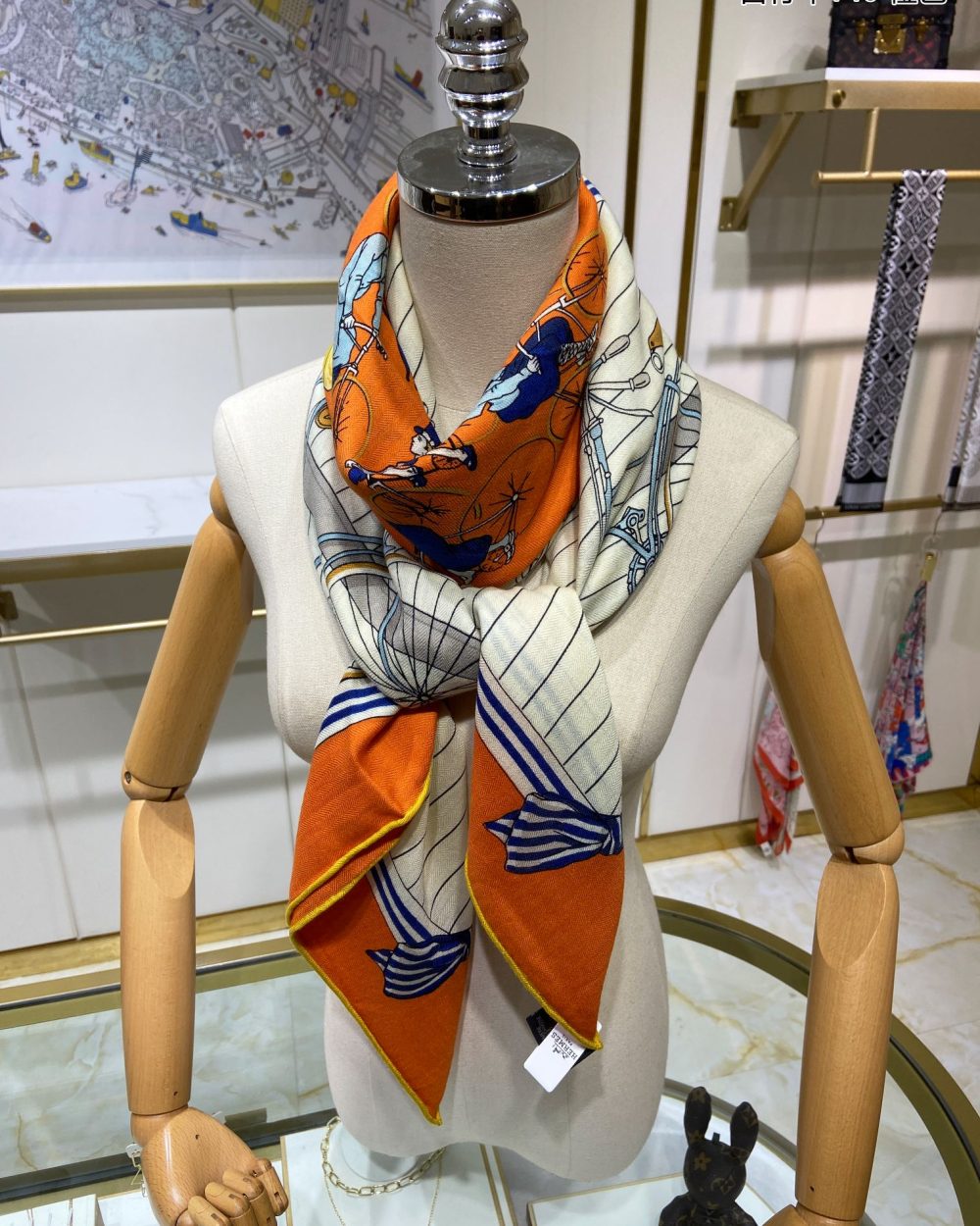 Hermes Les Becanes 70 Silk Orange/Blanc/Bleu Royal Scarf 140cm/55in