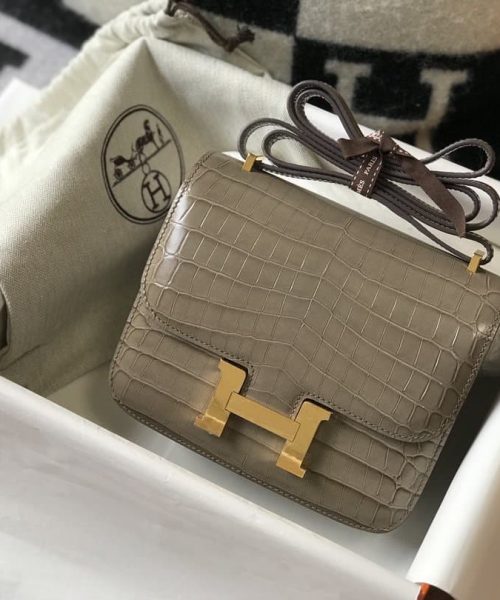 1:1 Replica Hermes Mini Constance Bag Grey For Women Gold Color Hardware 7.1in/18cm