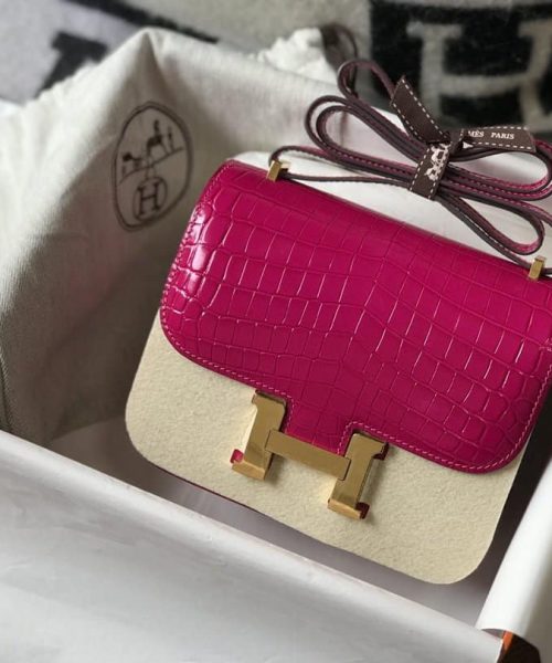 1:1 Replica Hermes Mini Constance Bag Pink For Women Gold Color Hardware 7.1in/18cm