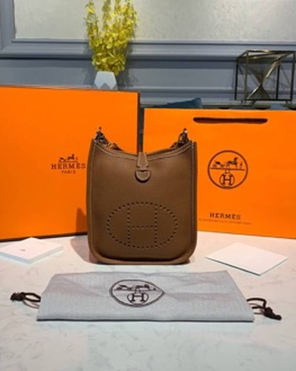 1:1 Replica Hermes Mini Evelyne Brown For Women 7.8in/20cm