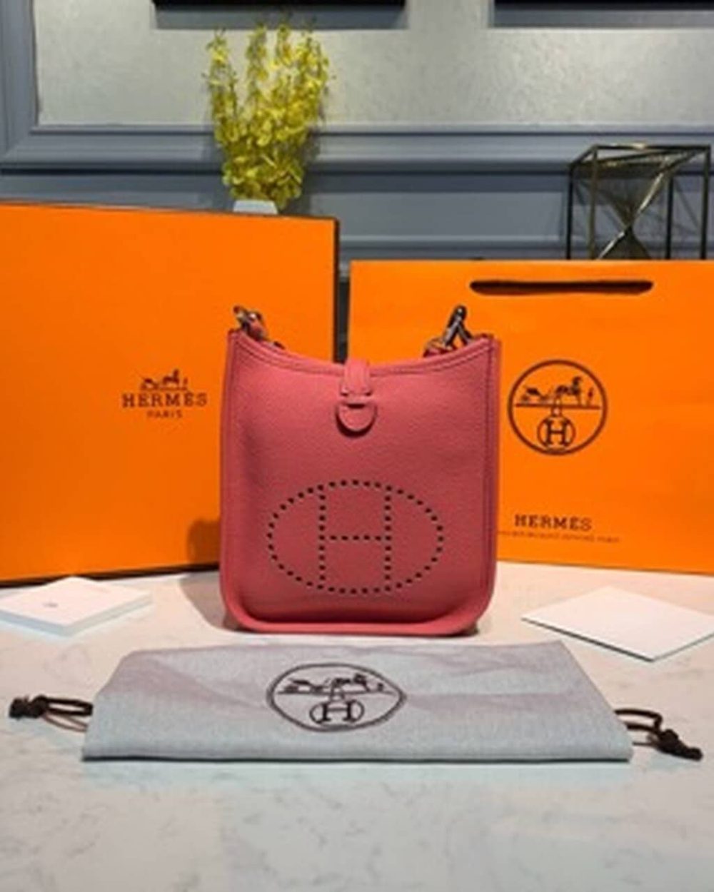 1:1 Replica Hermes Mini Evelyne Pink For Women 7.8in/20cm