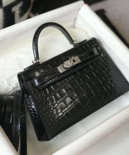 1:1 Replica Hermes Mini Kelly 19 Black Silver Toned Hardware Bag For Women, Women's Handbags, Shoulder Bags 7.5in/19cm