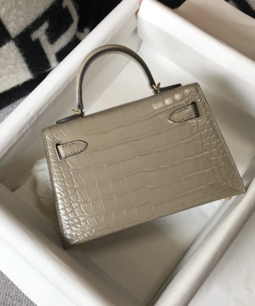 1:1 Replica Hermes Mini Kelly 19 Embossed Patent Light Grey Bag With Gold-Toned Harware For Women, Women's Handbags, Shoulder Bags 7.5in/19cm
