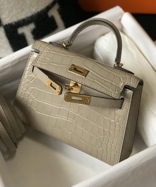 1:1 Replica Hermes Mini Kelly 19 Embossed Patent Light Grey Bag With Gold-Toned Harware For Women, Women's Handbags, Shoulder Bags 7.5in/19cm