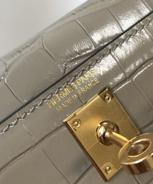 1:1 Replica Hermes Mini Kelly 19 Embossed Patent Light Grey Bag With Gold-Toned Harware For Women, Women's Handbags, Shoulder Bags 7.5in/19cm