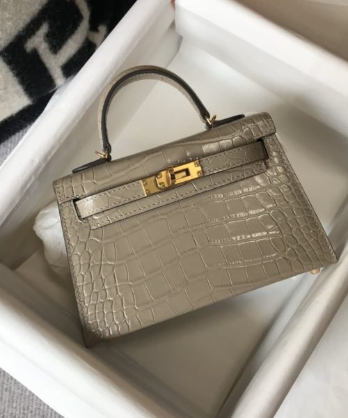 1:1 Replica Hermes Mini Kelly 19 Embossed Patent Light Grey Bag With Gold-Toned Harware For Women, Women's Handbags, Shoulder Bags 7.5in/19cm