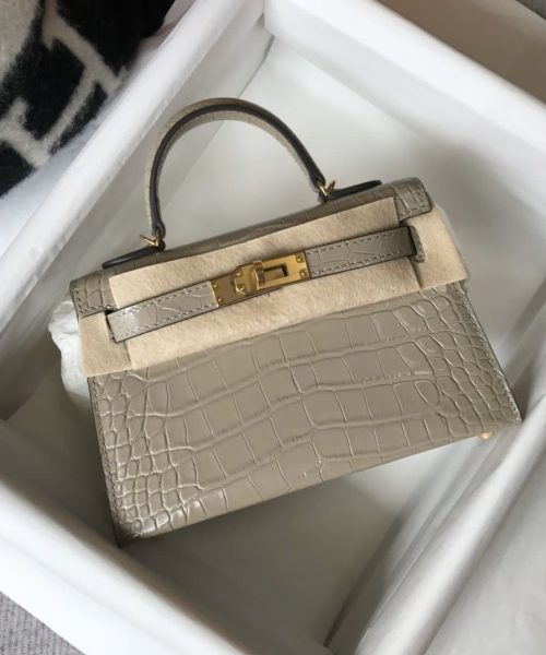 1:1 Replica Hermes Mini Kelly 19 Embossed Patent Light Grey Bag With Gold-Toned Harware For Women, Women's Handbags, Shoulder Bags 7.5in/19cm