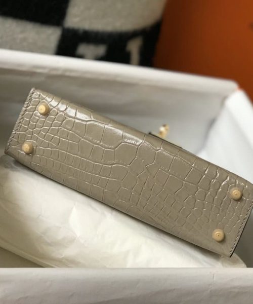 1:1 Replica Hermes Mini Kelly 19 Embossed Patent Light Grey Bag With Gold-Toned Harware For Women, Women's Handbags, Shoulder Bags 7.5in/19cm