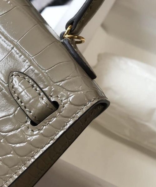 1:1 Replica Hermes Mini Kelly 19 Embossed Patent Light Grey Bag With Gold-Toned Harware For Women, Women's Handbags, Shoulder Bags 7.5in/19cm