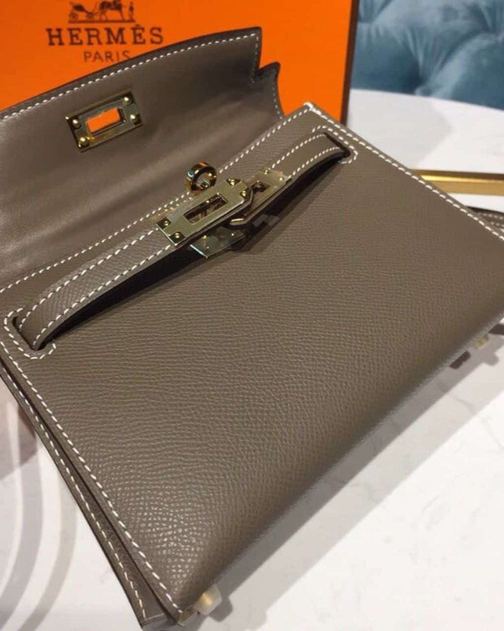 1:1 Replica Hermes Mini Kelly 20 Sellier Epsom Etoupe Bag For Women, Women's Handbags, Shoulder Bags 7.5in/20cm