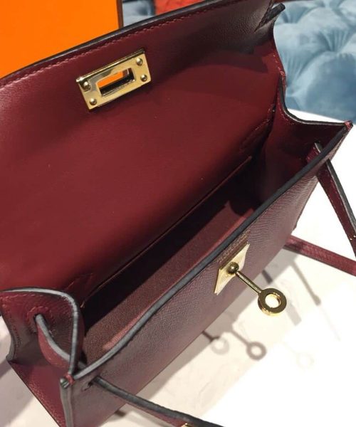 1:1 Replica Hermes Mini Kelly Burgundy For Women Gold Toned Hardware 7.5in/19cm