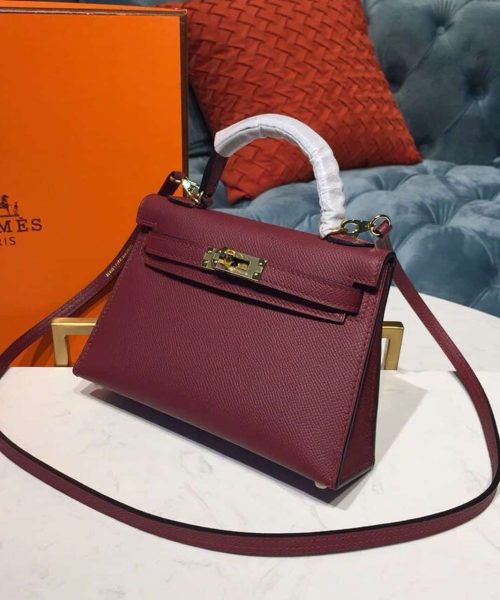 1:1 Replica Hermes Mini Kelly Burgundy For Women Gold Toned Hardware 7.5in/19cm