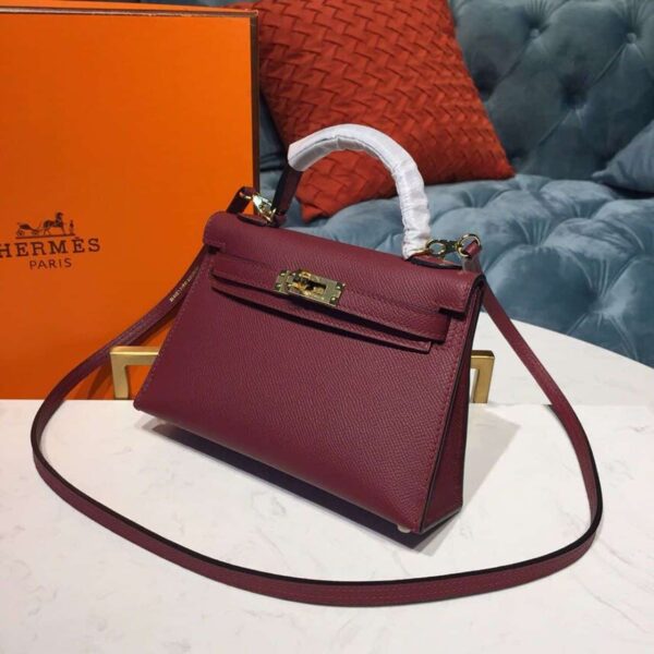 1:1 Replica Hermes Mini Kelly Burgundy For Women Gold Toned Hardware 7.5in/19cm
