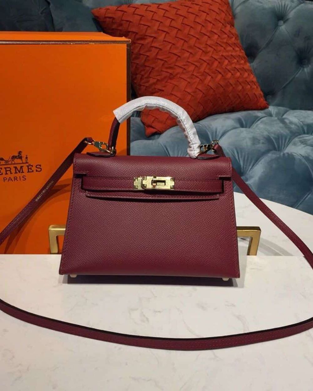 1:1 Replica Hermes Mini Kelly Burgundy For Women Gold Toned Hardware 7.5in/19cm