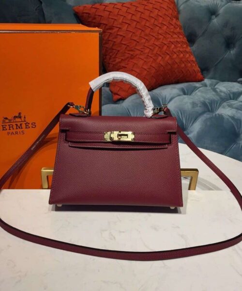 1:1 Replica Hermes Mini Kelly Burgundy For Women Gold Toned Hardware 7.5in/19cm