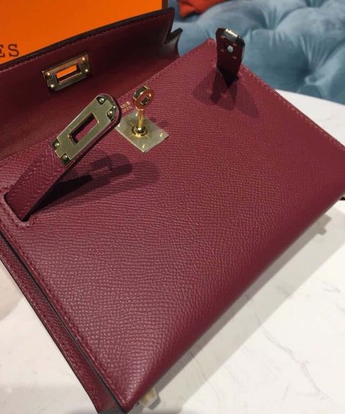 1:1 Replica Hermes Mini Kelly Burgundy For Women Gold Toned Hardware 7.5in/19cm