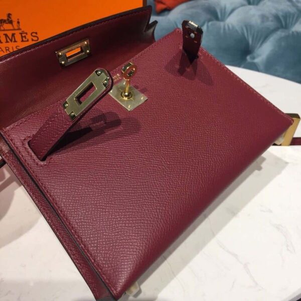 1:1 Replica Hermes Mini Kelly Burgundy For Women Gold Toned Hardware 7.5in/19cm