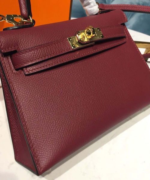 1:1 Replica Hermes Mini Kelly Burgundy For Women Gold Toned Hardware 7.5in/19cm