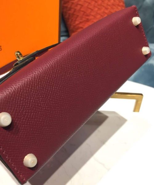 1:1 Replica Hermes Mini Kelly Burgundy For Women Gold Toned Hardware 7.5in/19cm