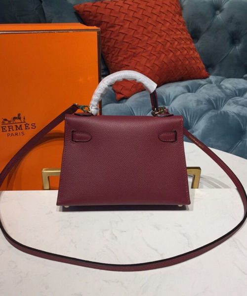 1:1 Replica Hermes Mini Kelly Burgundy For Women Gold Toned Hardware 7.5in/19cm